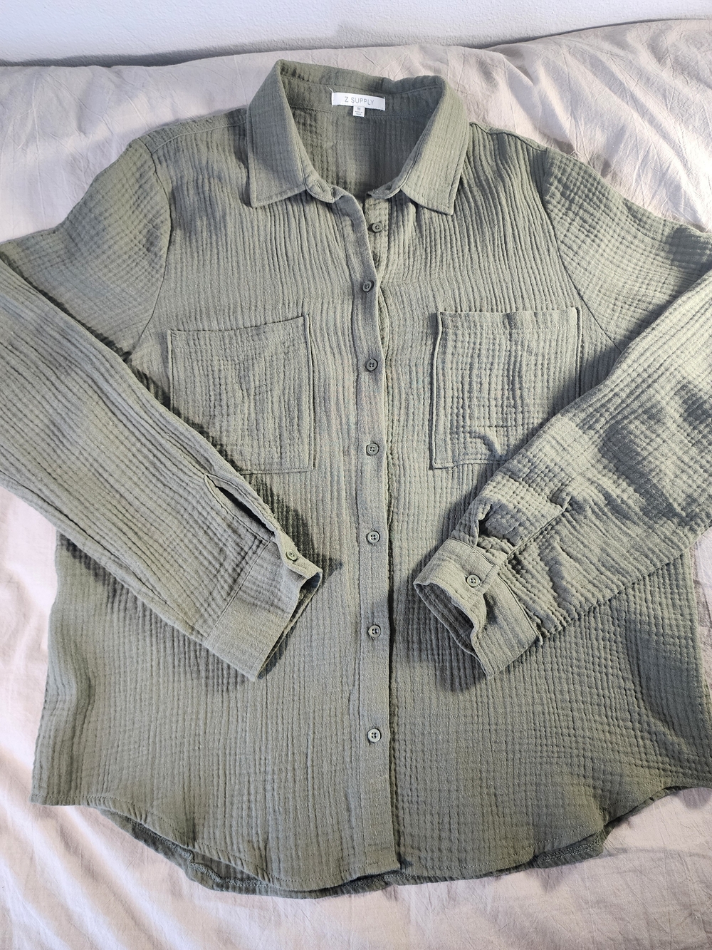 Z Supply Sage Green Cotton Crinkle Button-Down Shirt